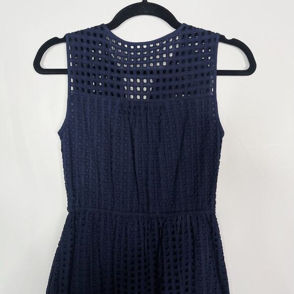 J Crew Size 00 Navy Blue All Over Eyelet Lace Knee Length Dress Sleeveless - Picture 6 of 11